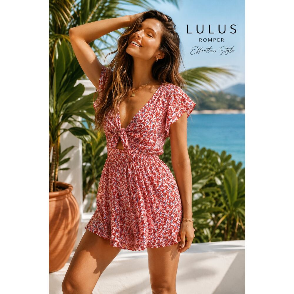 Lulus Tropical Floral Romper Dress Cover Up Red Boho Beachy Medium Resortwear